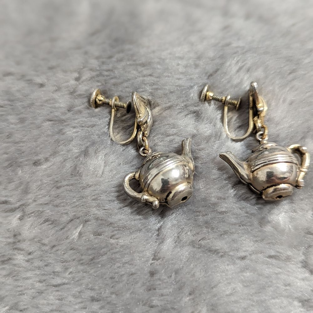 Vintage 50's Silvertone Teapot Screw Back Earrings - Picture 5 of 9